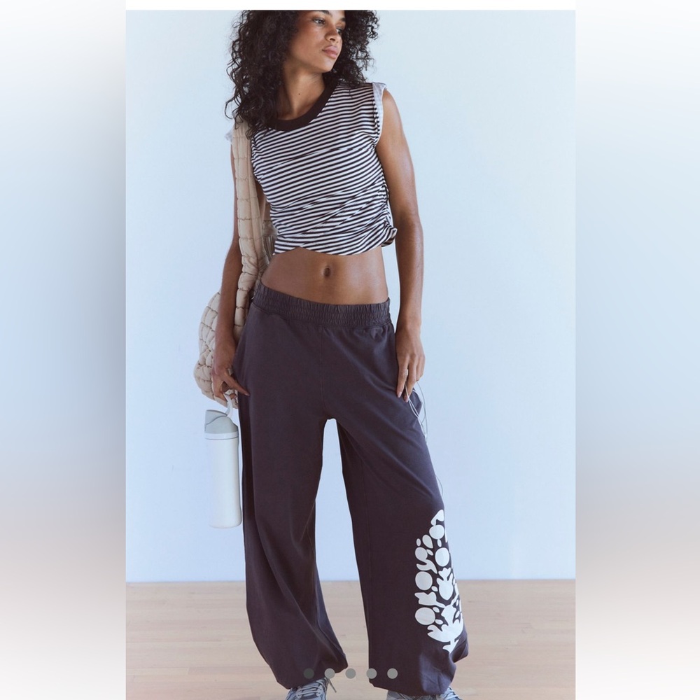 FP Movement by Free People Black Wide-Leg Track Pants with White Floral Print